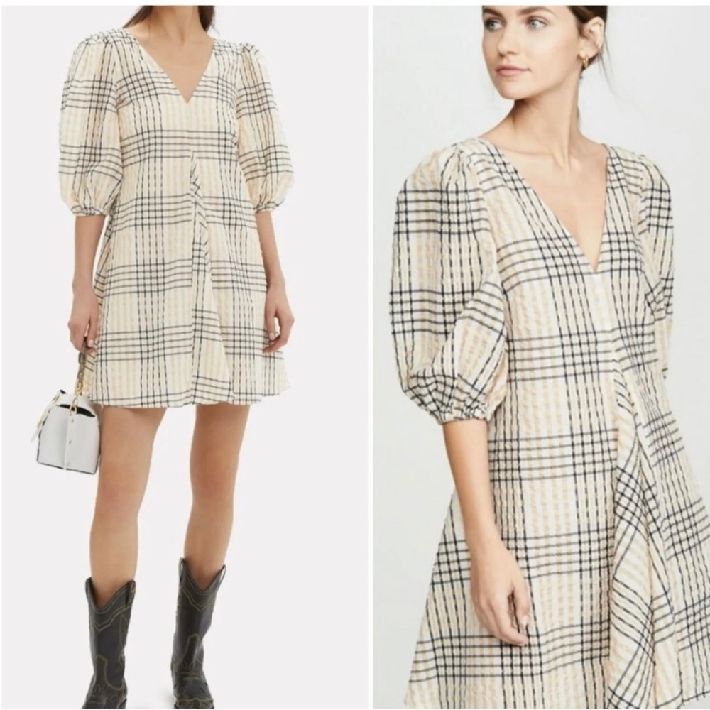 Ganni plaid checked seersucker pouf voluminous Sleeve v-neck back mini dress L